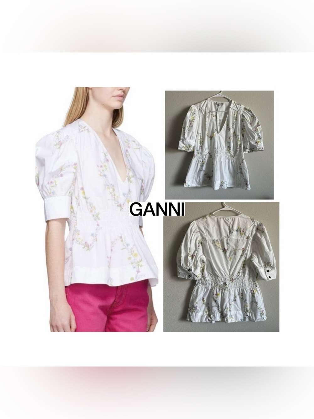 GANNI printed poplin puff sleeve V neck women’s blouse